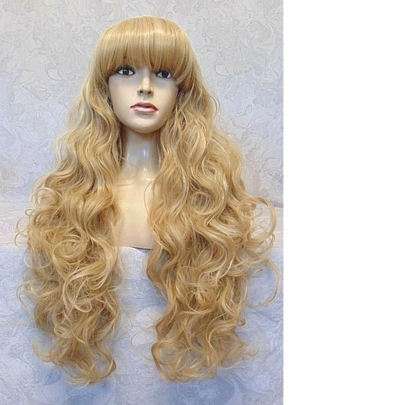LONG Blonde Highlighted Curly Wig With Bangs main image 11